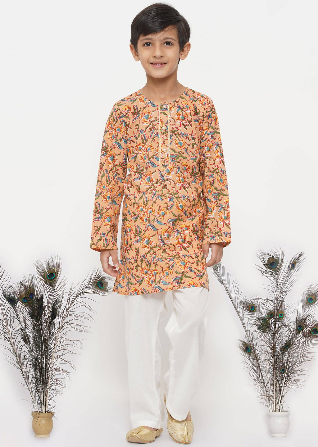 Little Bansi Boys Cotton Block Floral Kurta with Pearl Buttons & Pyjama in Orange & Cream | Grocsy