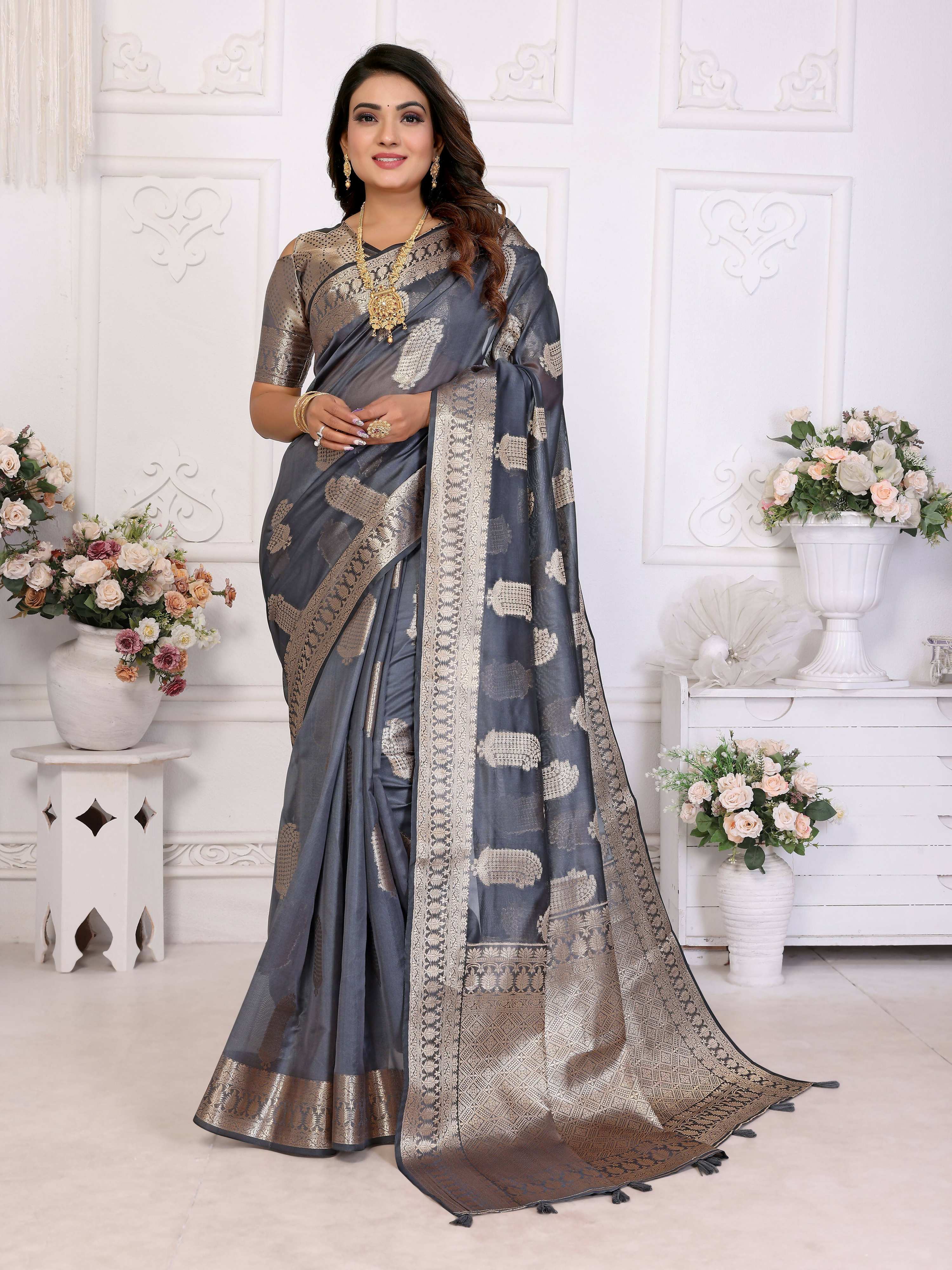 Aastha Fashion Grey Soft Organza Silk Weaving Saree | Grocsy