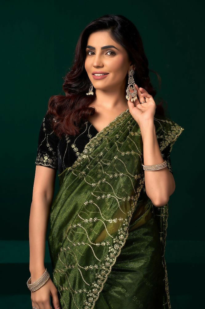 Joban Fashion Green Net Party Wear Sarees | Grocsy