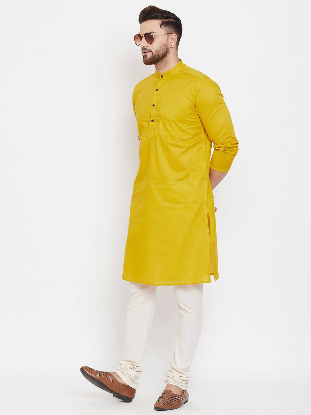 Even Apparels Pure Cotton Yellow Men's Kurta With Band Collar | Grocsy