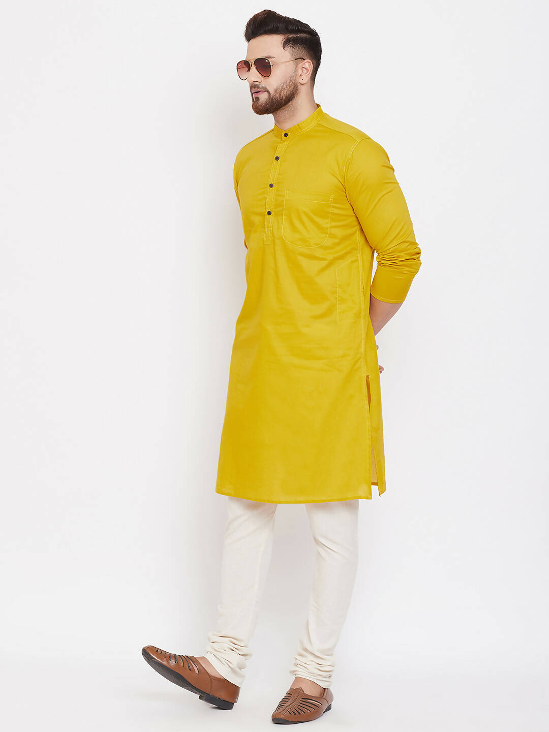 Even Apparels Pure Cotton Yellow Men's Kurta With Band Collar | Grocsy