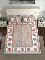 LA VERNE White & Maroon Ethnic Motifs 140 TC Cotton King Bedsheet With 2 Pillow Covers | Grocsy