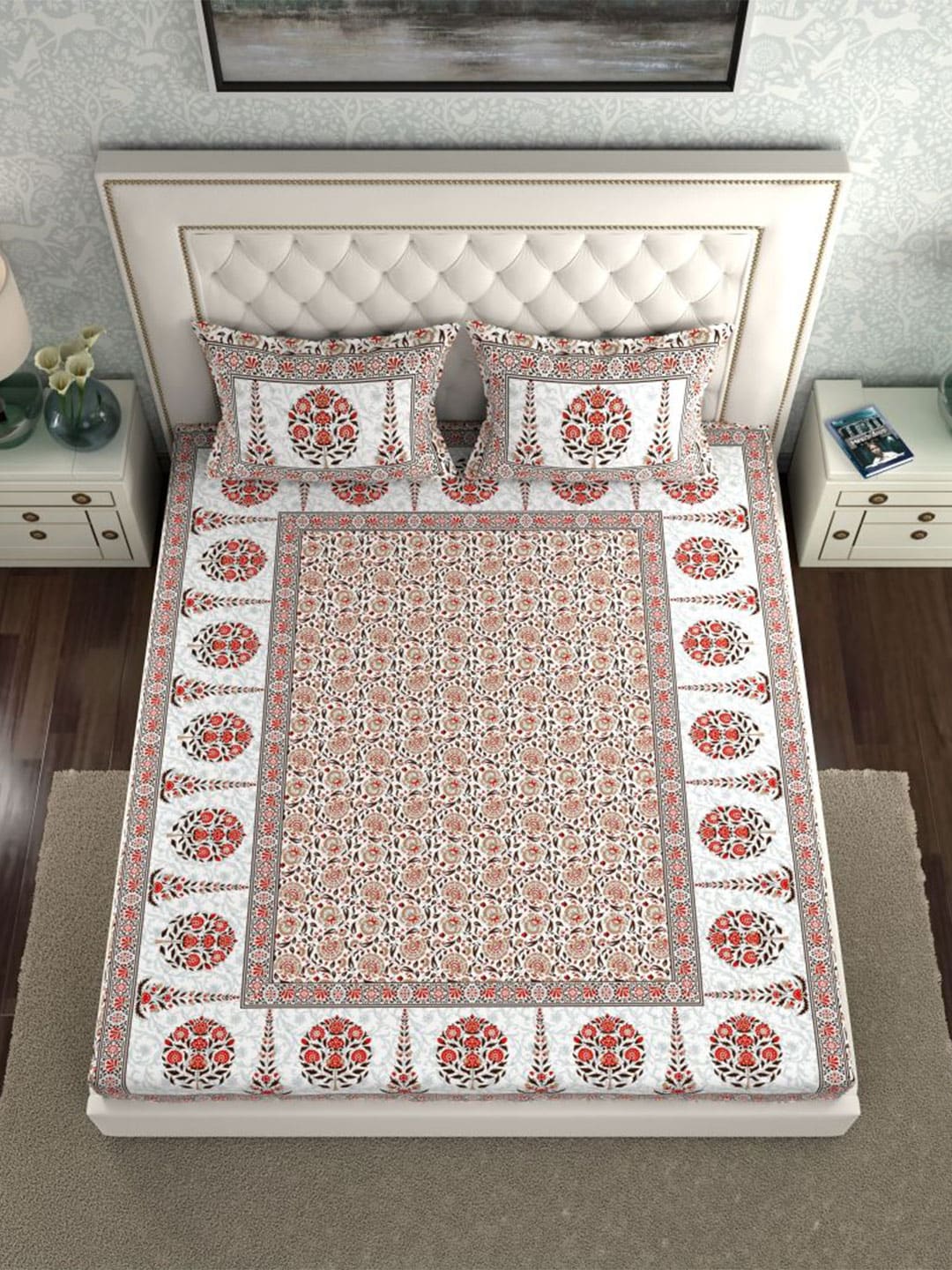 LA VERNE White & Maroon Ethnic Motifs 140 TC Cotton King Bedsheet With 2 Pillow Covers | Grocsy