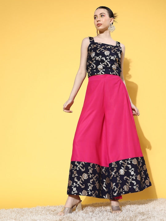 InWeave Women's Blue Brocade Strappy Top W Fuchsia Blue Brocade Palazzo Set | Grocsy