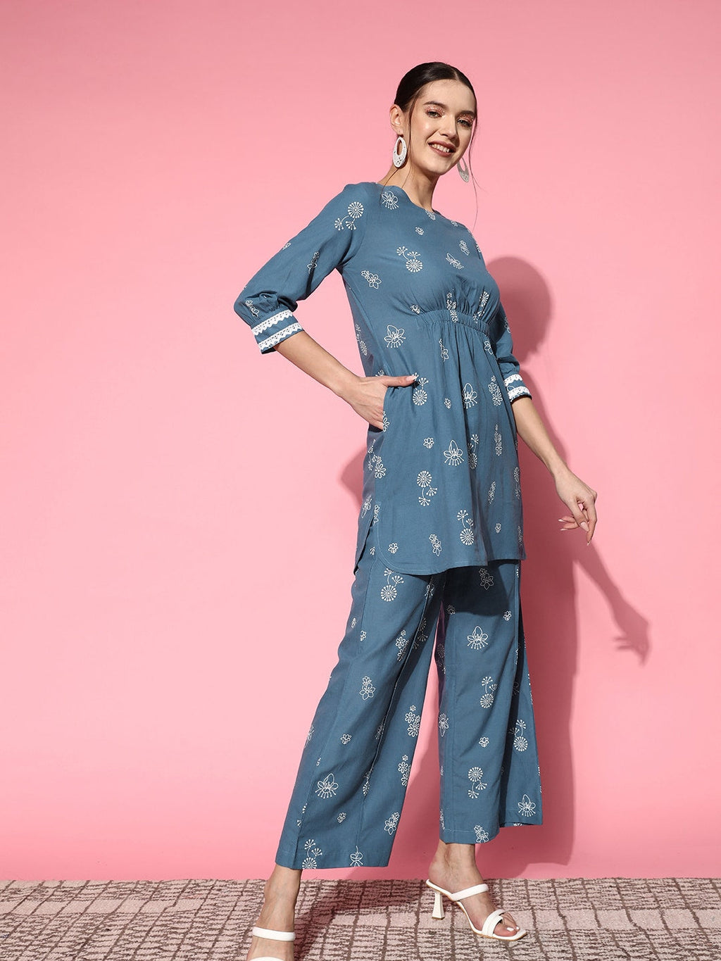 Sangria Women Blue Ethnic Motifs Printed Empire Pure Cotton Kurta with Palazzos | Grocsy