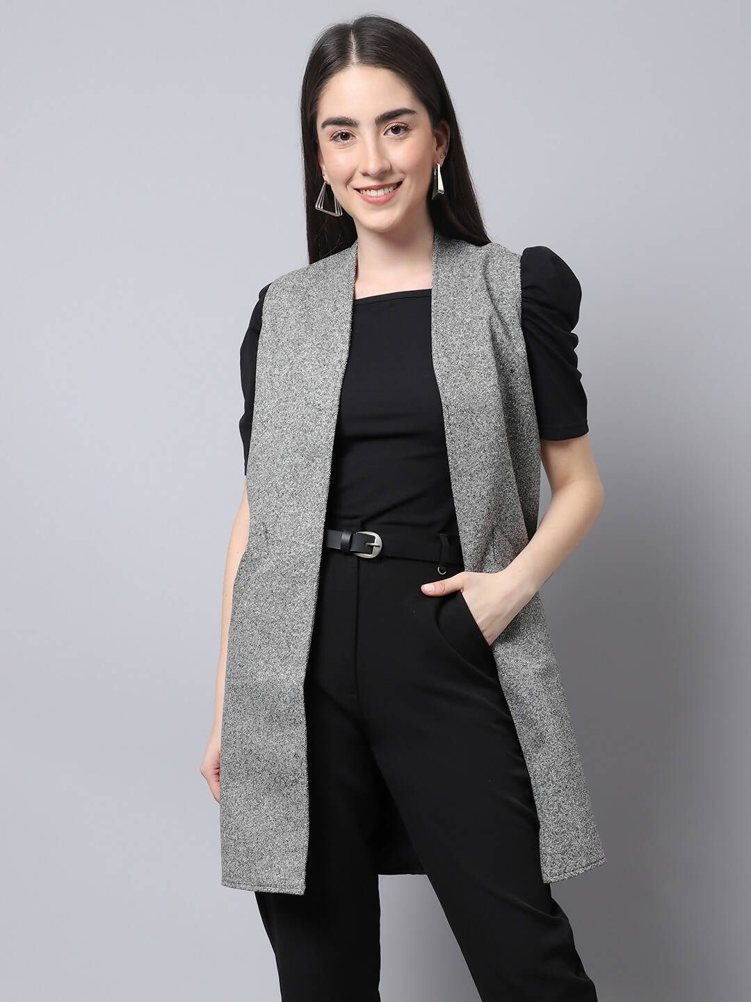 Even Apparels Grey Pure Wool Open Front Woolen Women's Long Coat | Grocsy