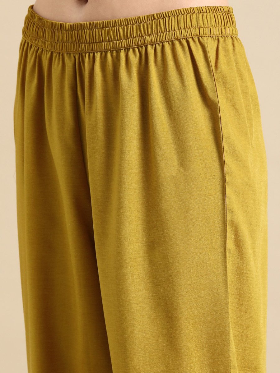 All About You Women Mustard Yellow Floral Embroidered Thread Work Kurta with Trousers | Grocsy