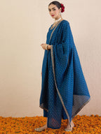 Indo Era Ethnic Motifs Embroidered Regular V-Neck Straight Kurta With Trousers & Dupatta | Grocsy