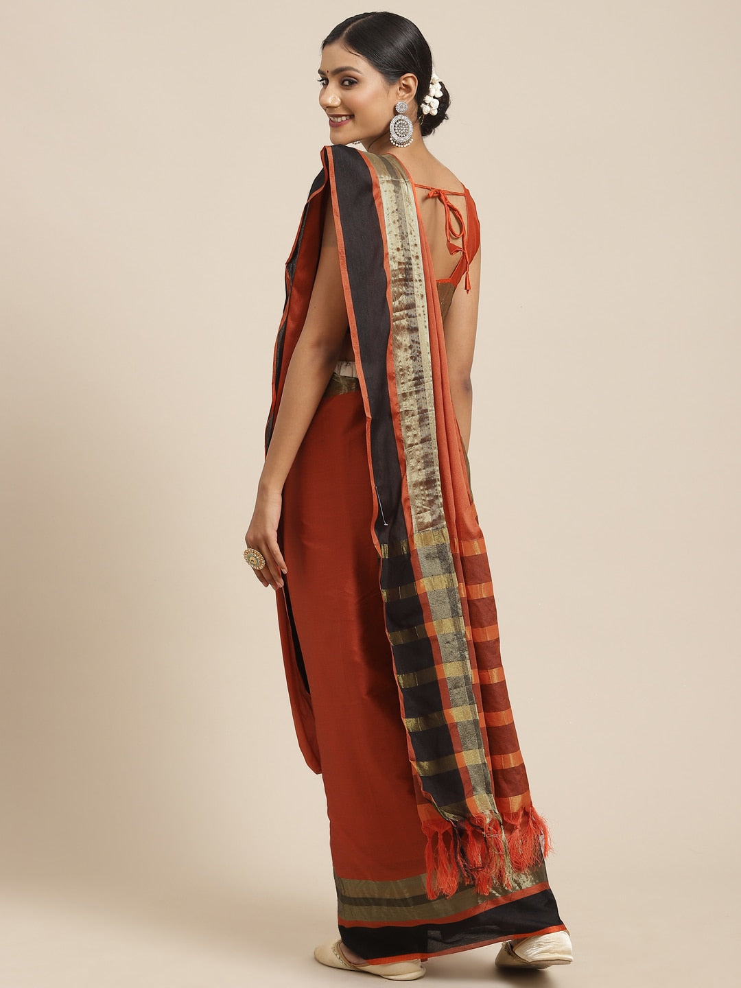 Saree Mall Rust & Gold-Toned Woven Design Silk Blend Uppada Sarees | Grocsy