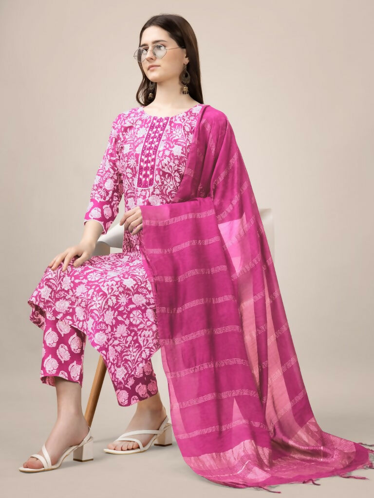 Jyoti Fashion Women's Pink Rayon Print with Embroidery & Fancy Lace Work Kurta with Trouser & Dupatta | Grocsy