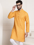 Sojanya Men Mustard Yellow Dobby Self-Checked Straight Kurta | Grocsy