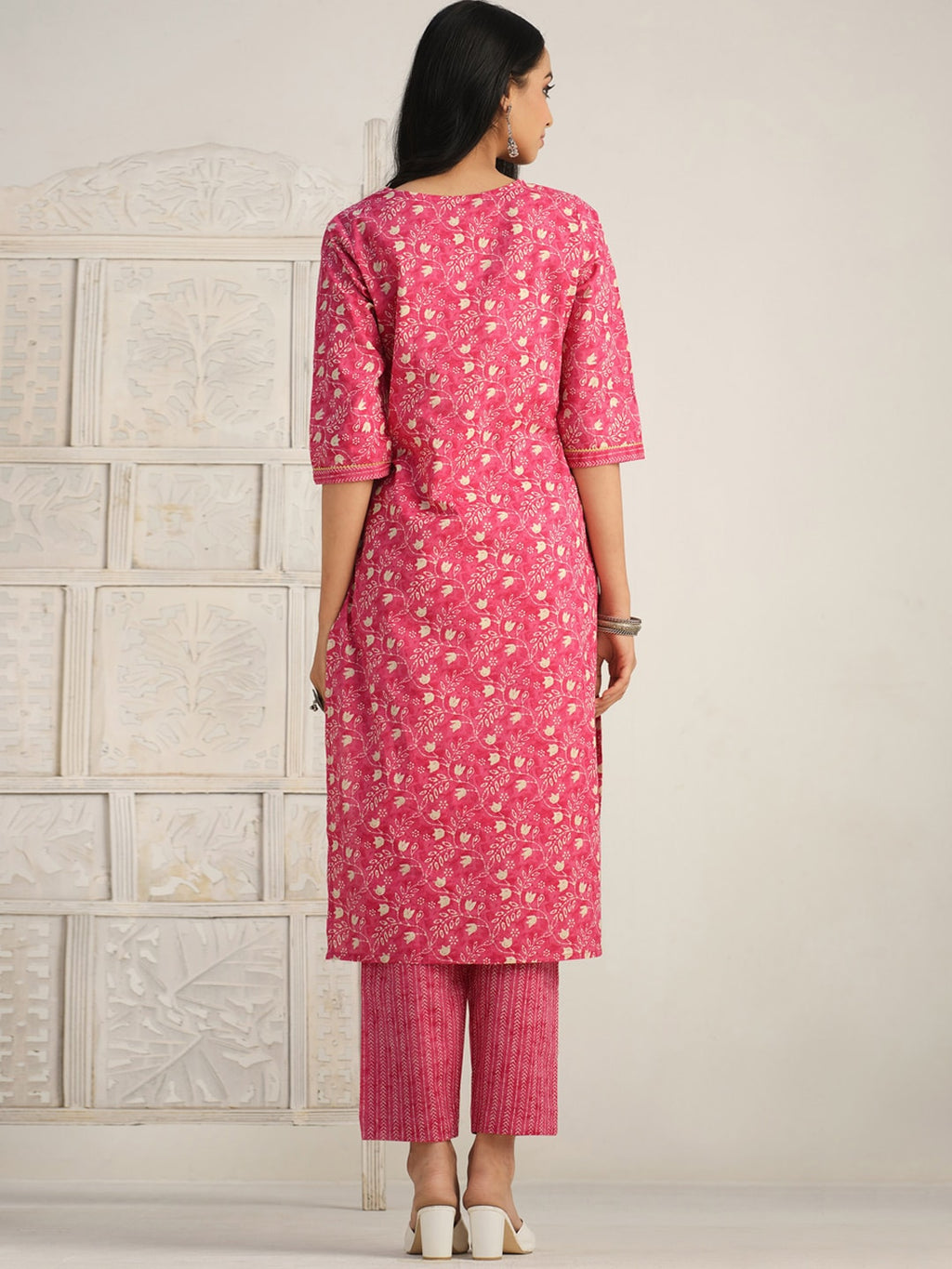 Sangria Red Floral Printed Gotta Patti Pure Cotton Kurta With Trouser & Dupatta | Grocsy