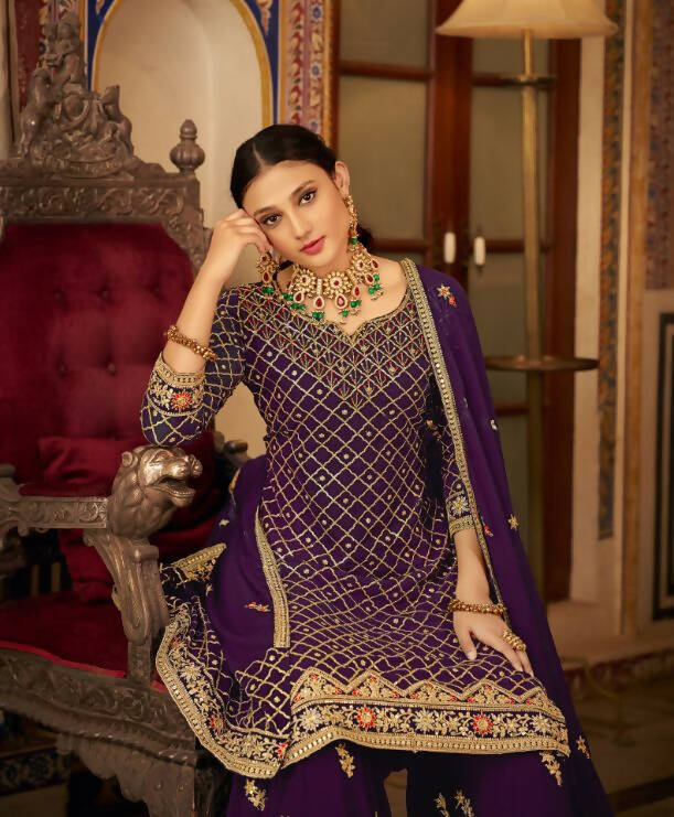 Purple Heavy Chinon Semi Stitched Kurta with Bottom & Dupatta - Dhvani | Grocsy