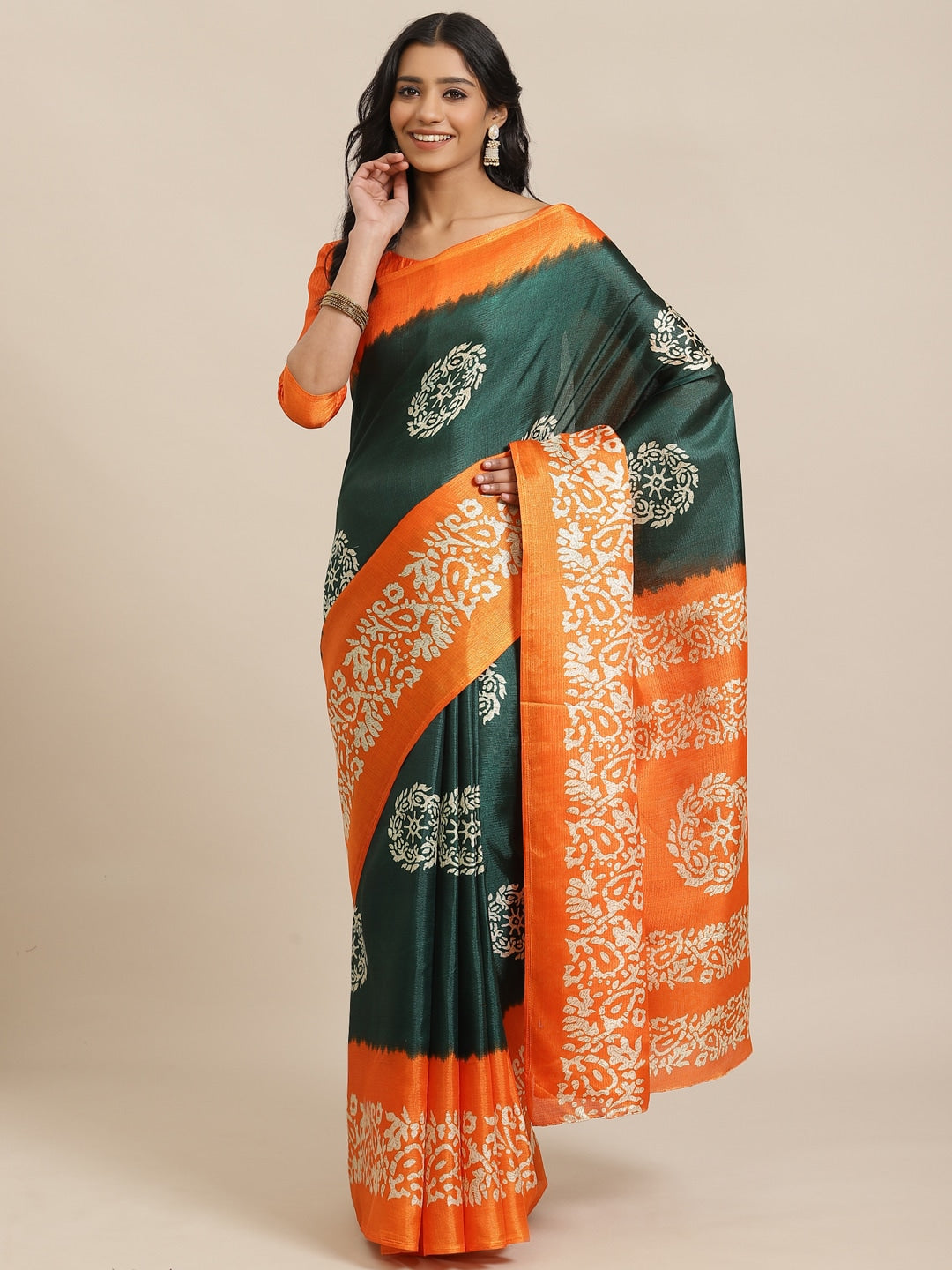 Saree Mall Green & Beige Printed Saree | Grocsy