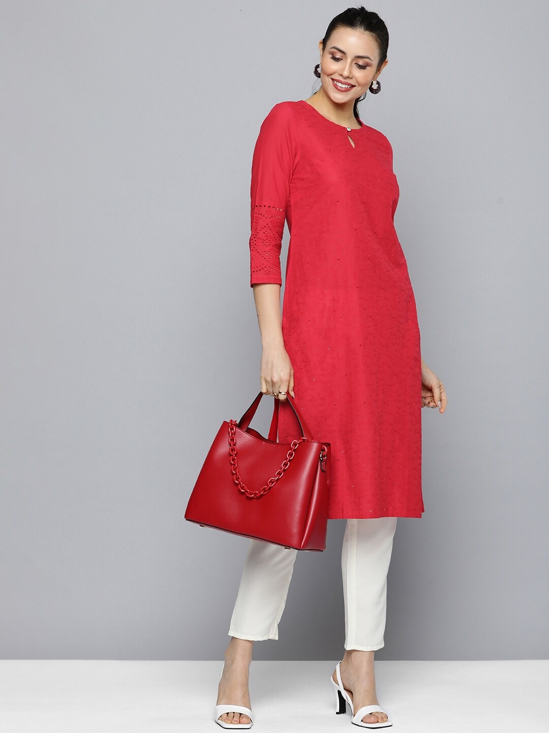 HERE&NOW Women Pure Cotton Floral Embroidered Keyhole Neck Thread Work Kurta | Grocsy