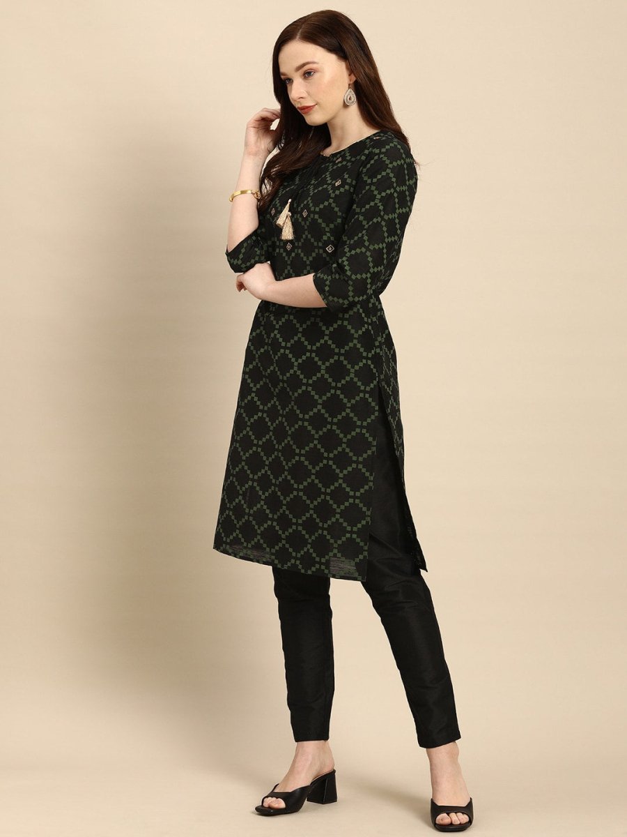 All About You Women Black & Green Printed Kurta with Trousers | Grocsy