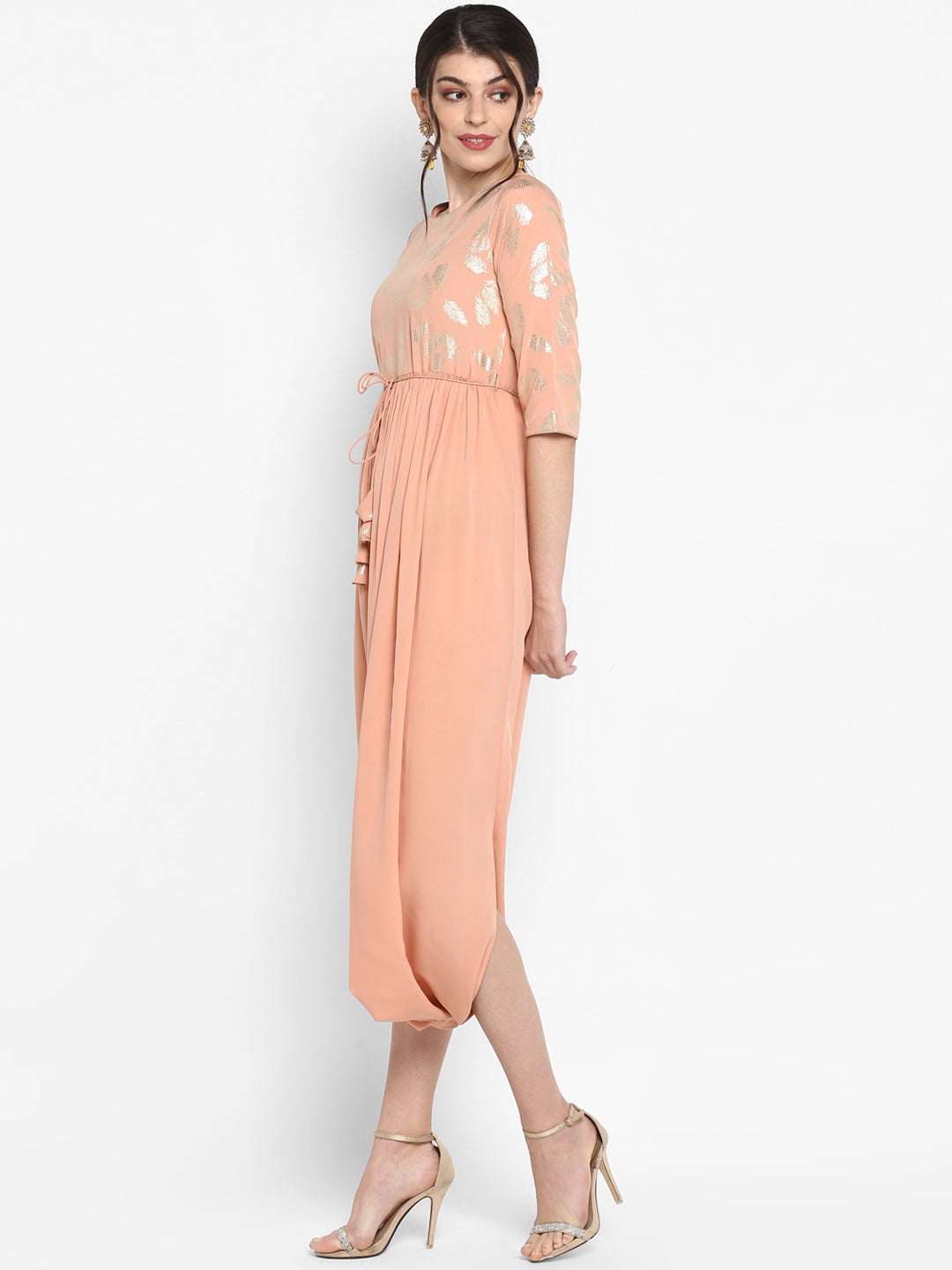 Janasya Women Peach-Coloured & Silver-Toned Printed A-Line Kurta | Grocsy