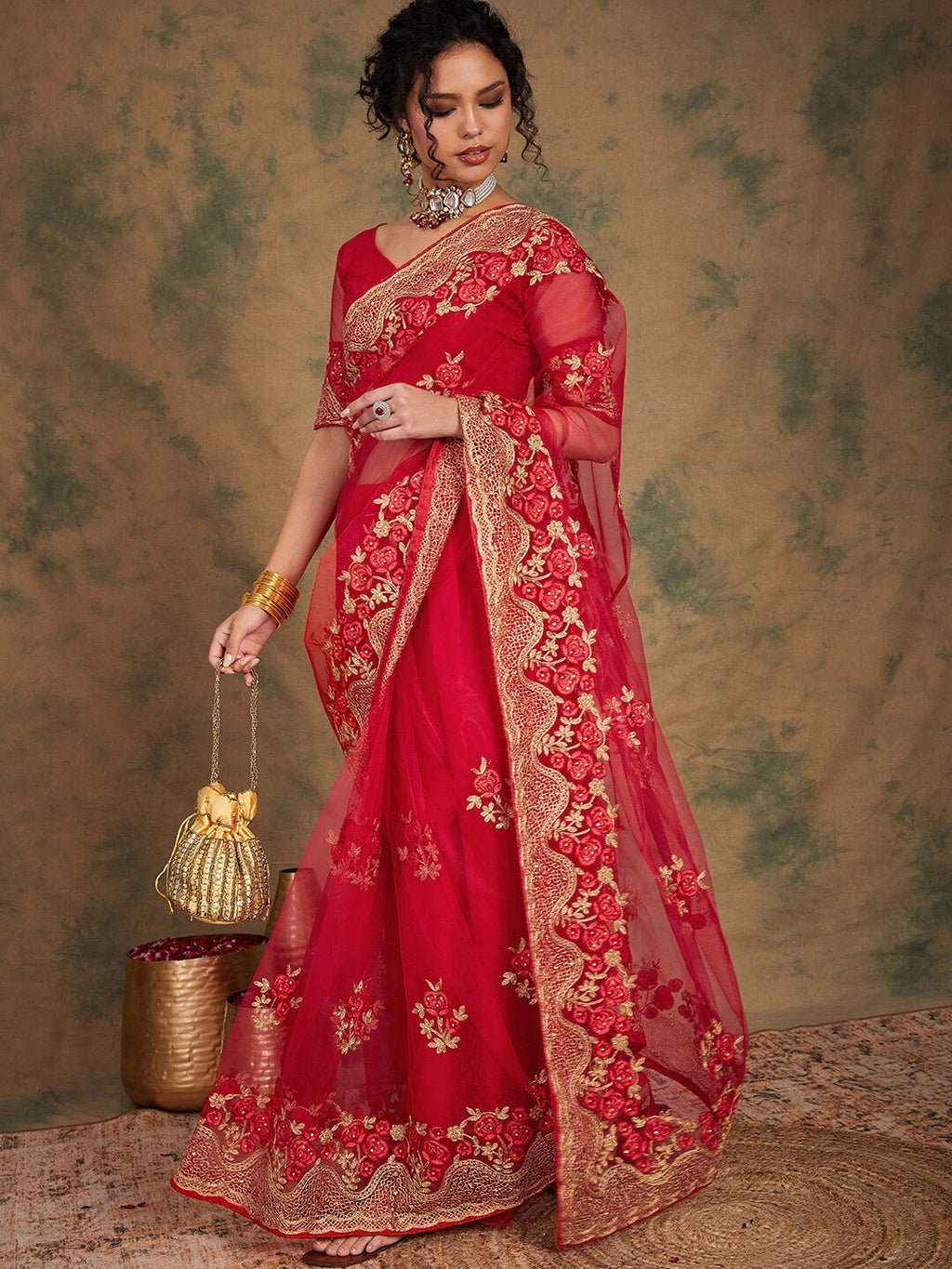 Sangria Ethnic Motifs Embroidered Net Saree | Grocsy