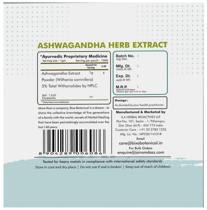 Bixa Botanical Ashwagandha Herb Extract Powder 5% Total Withanolides | Grocsy