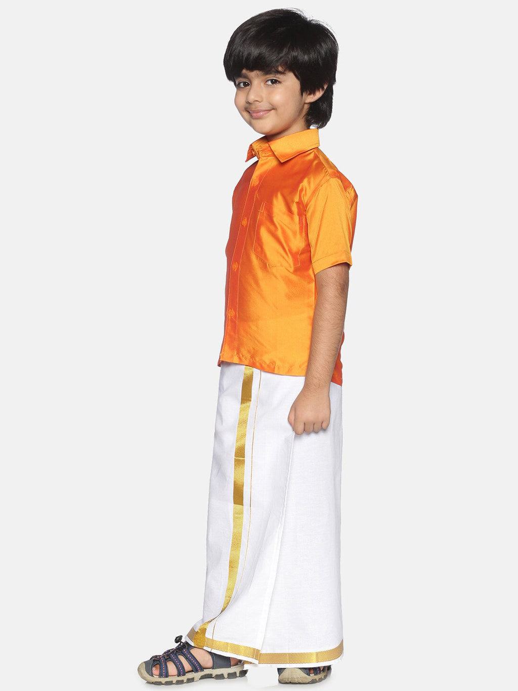 Sethukrishna Boys Orange & White Solid Shirt with Pure Cotton Dhoti Set | Grocsy