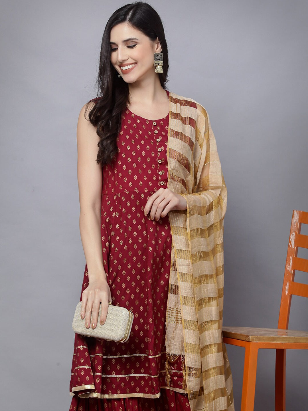 HERE&NOW Women Maroon Ethnic Motifs Printed Kurta with Palazzos & With Dupatta | Grocsy