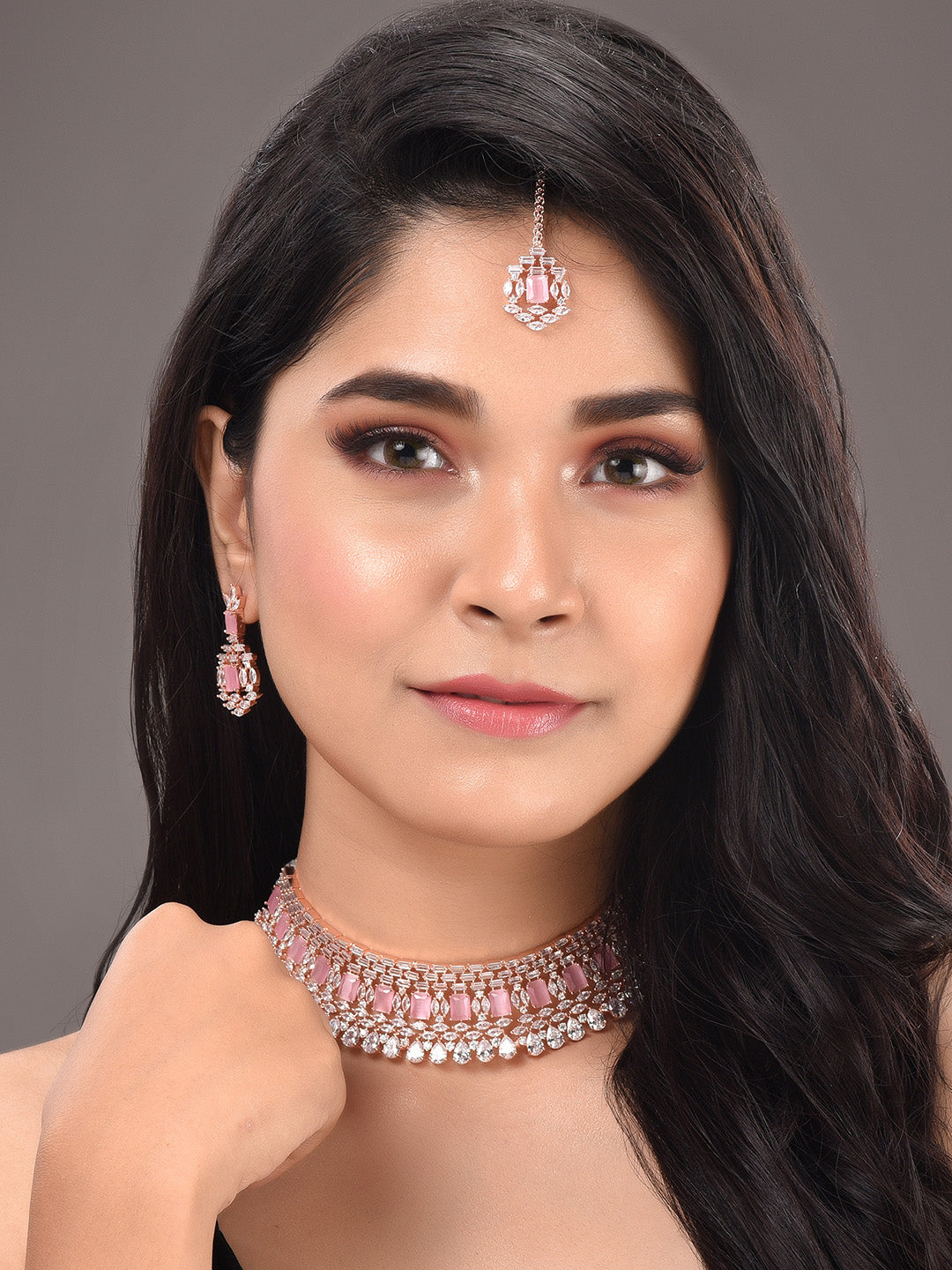 Saraf RS Jewellery Rose Gold-Polished & Pink AD Studded Handcrafted Jewellery Set | Grocsy