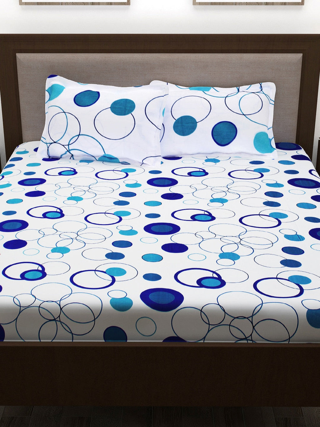 Story@home White & Blue Geometric 186 TC Cotton 1 Queen Bedsheet with 2 Pillow Covers | Grocsy