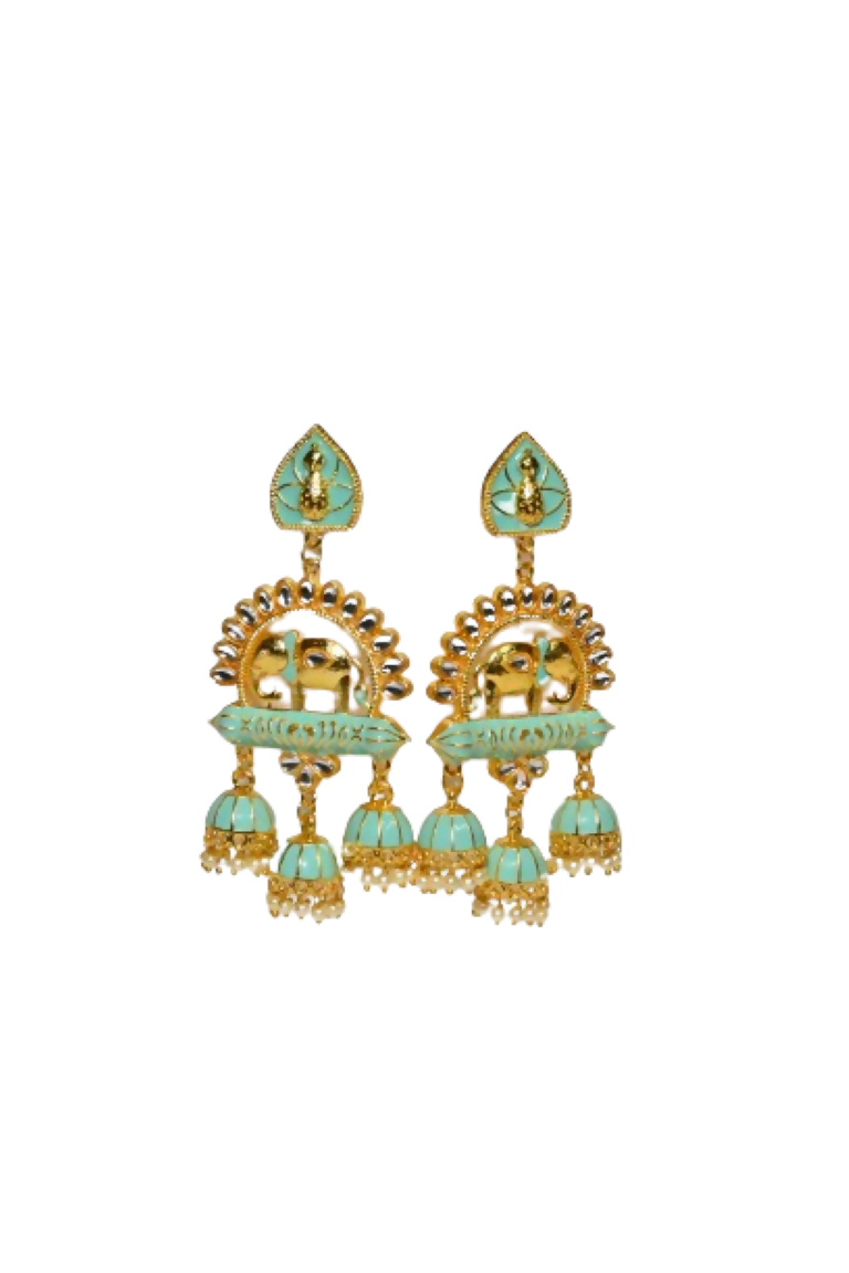 Green Traditional Gold-Polished Elephant Design Kundan Jhumka Jhumki Earrings Indian Jewellery For Women & Girls By House of Ree - Swadesiicart