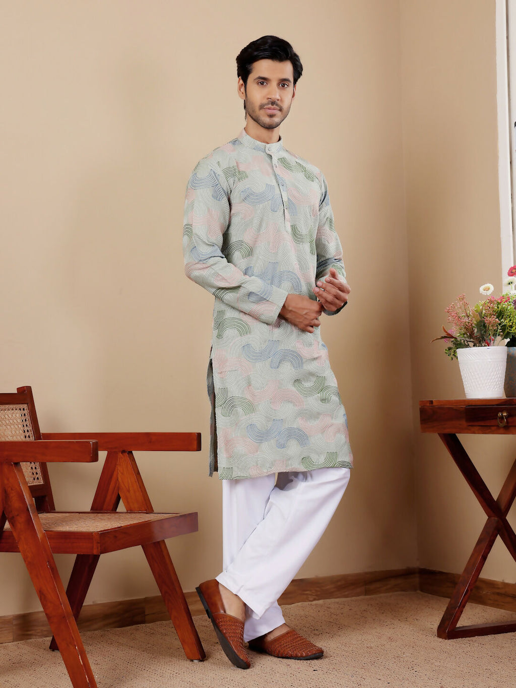 Pistel Green Linen Designer Embroidery Work Men's Rajwadi Kurta Set - Mahotsav | Grocsy