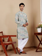 Pistel Green Linen Designer Embroidery Work Men's Rajwadi Kurta Set - Mahotsav | Grocsy
