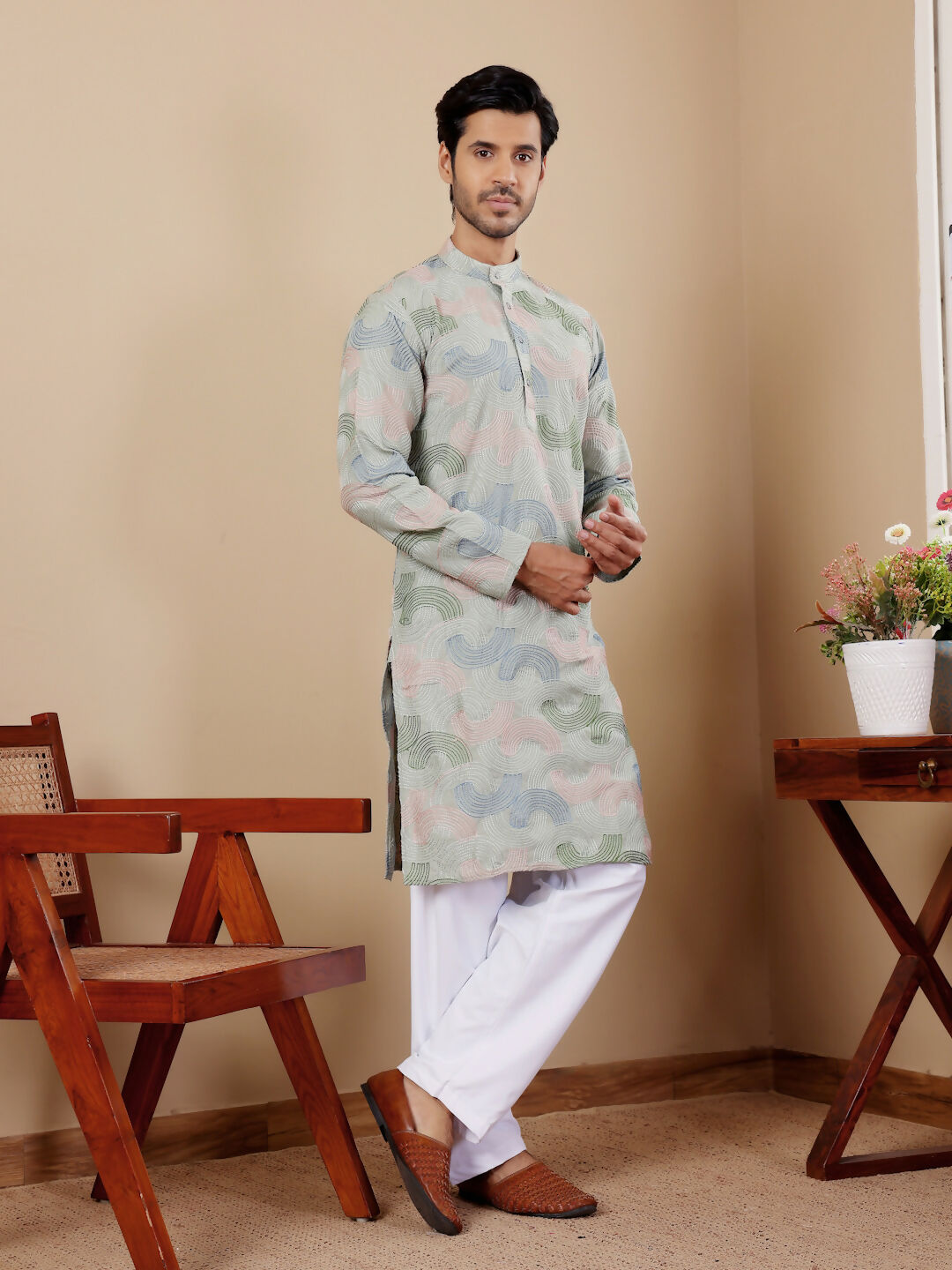 Pistel Green Linen Designer Embroidery Work Men's Rajwadi Kurta Set - Mahotsav | Grocsy