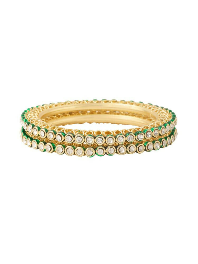 NVR Women Set of 2 Gold-Polished Green Kundan Studded Bangles