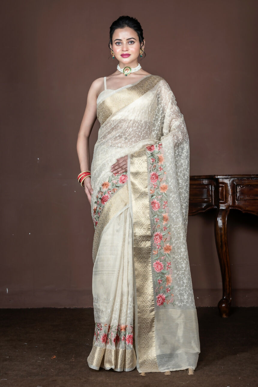 Morchari Beige Banarasi Tissue Computer Embroidery Saree Unstitched Blouse | Grocsy