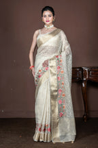 Morchari Beige Banarasi Tissue Computer Embroidery Saree Unstitched Blouse | Grocsy