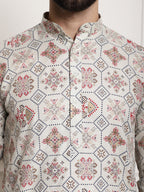 Sojanya Men Beige Printed Cotton Linen Kurta with Churidar | Grocsy