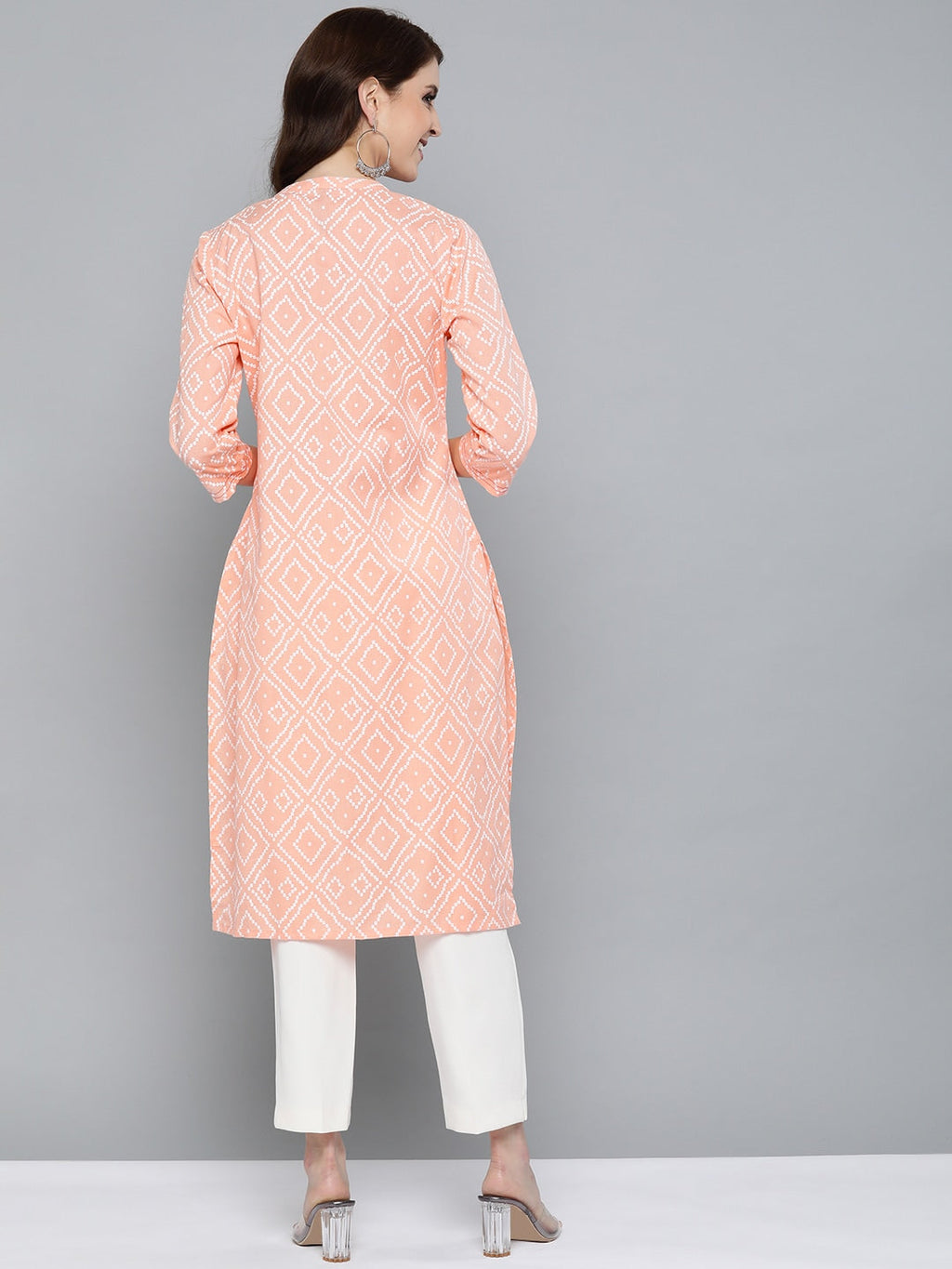 HERE&NOW Women Peach-Coloured & White Bandhani Print Straight Kurta | Grocsy