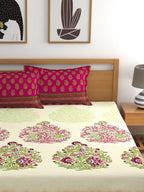 My Room Pink & Green Ethnic Motifs 140 TC Fitted Cotton King Bedsheet & Pillow Covers | Grocsy