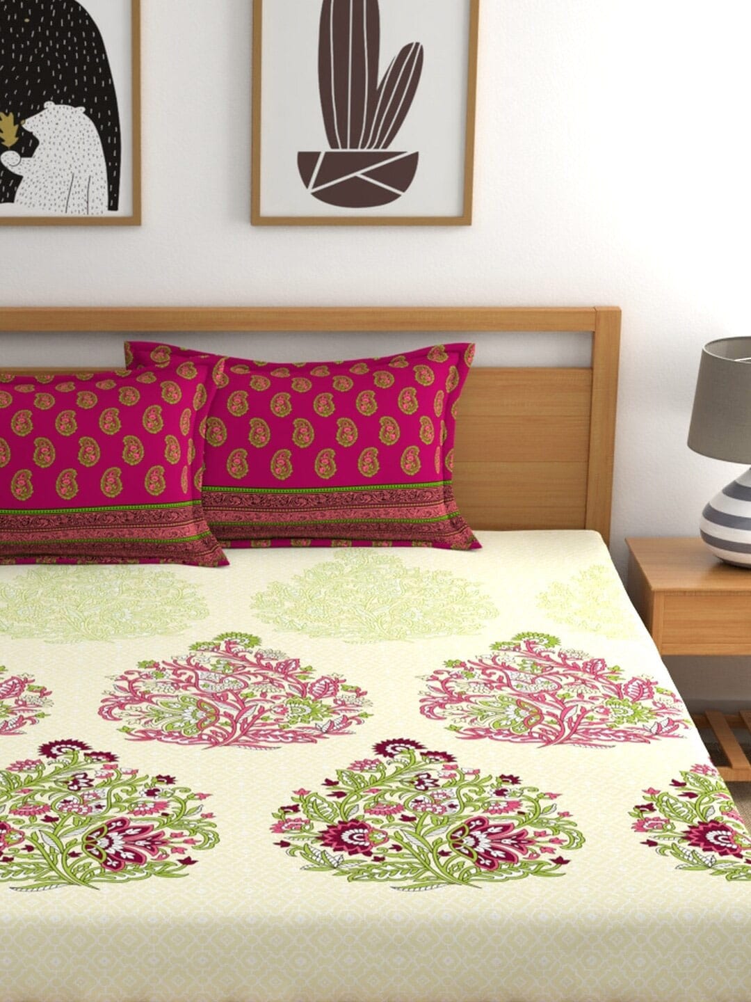 My Room Pink & Green Ethnic Motifs 140 TC Fitted Cotton King Bedsheet & Pillow Covers | Grocsy