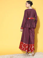 InWeave Women's Wine Red Brocade Mughal Shaan Kurta Palazzo Set | Grocsy