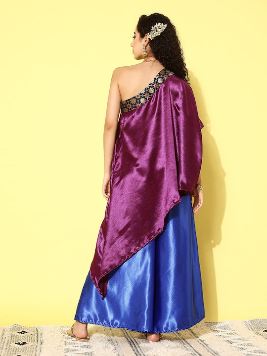 InWeave Women's Wine Navy Brocade Satin Oneshoulder Blue Palazzo Set | Grocsy