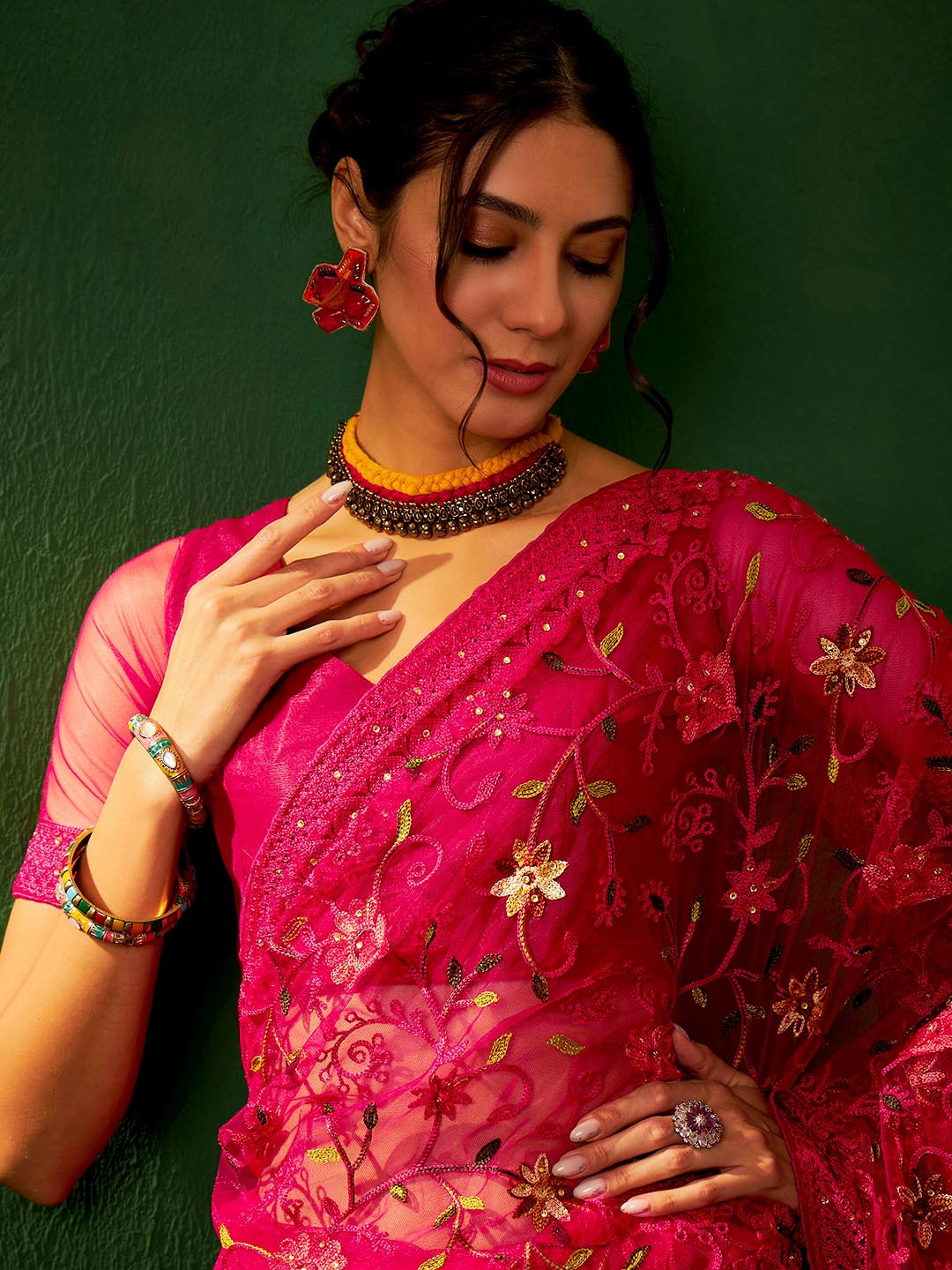 Sangria Embroidered Net Saree | Grocsy