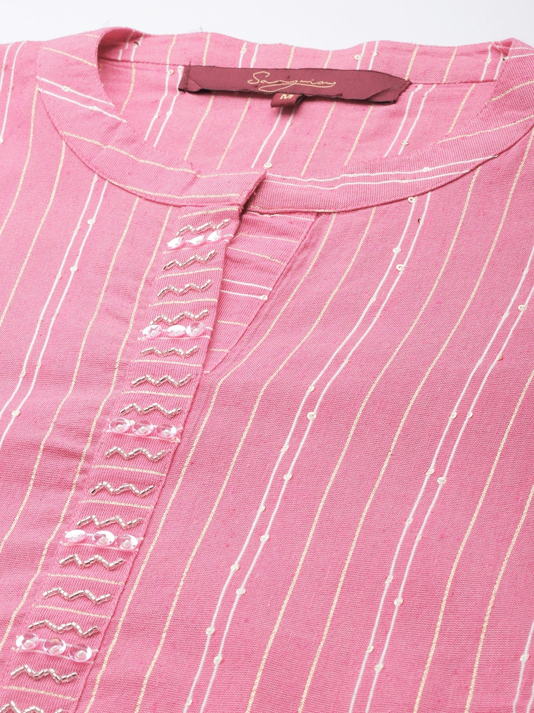 Sangria Women Pink & White Striped Sequin Detail Kurta | Grocsy
