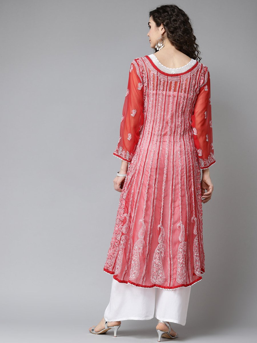 ADA Women Red & White Ethnic Motifs Embroidered Chikankari Georgette Kurta | Grocsy