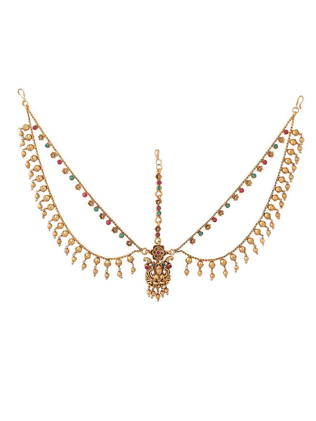 Yellow Chimes Gold-Polished Red & Green Stone-Studded Layered Bridal Traditional Mathapatti | Grocsy