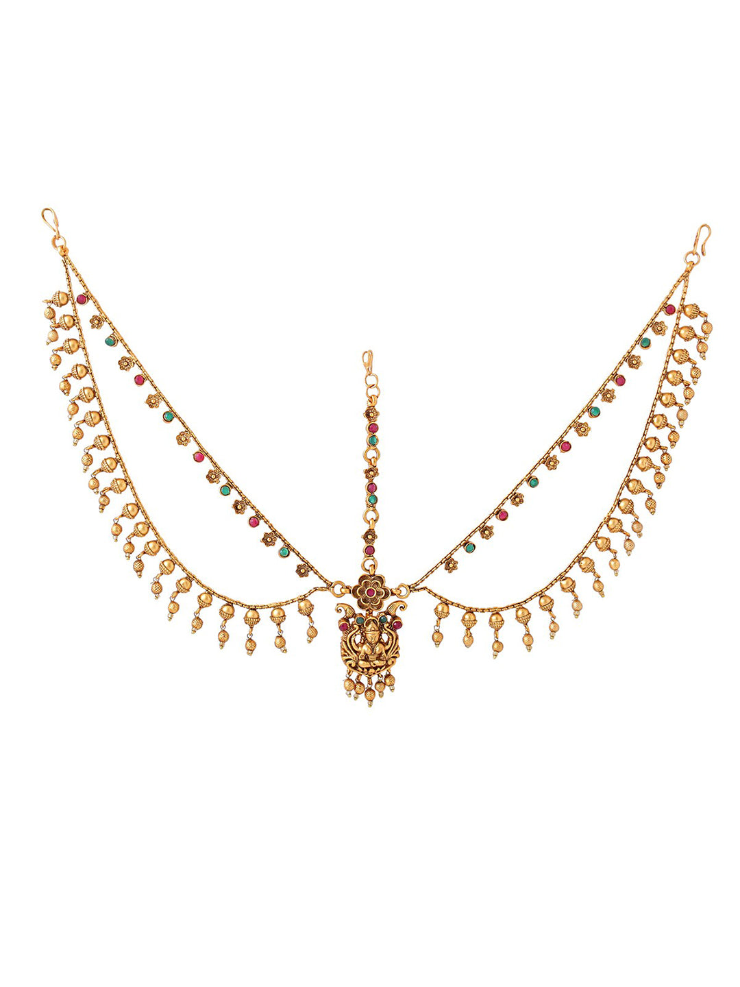 Yellow Chimes Gold-Polished Red & Green Stone-Studded Layered Bridal Traditional Mathapatti | Grocsy
