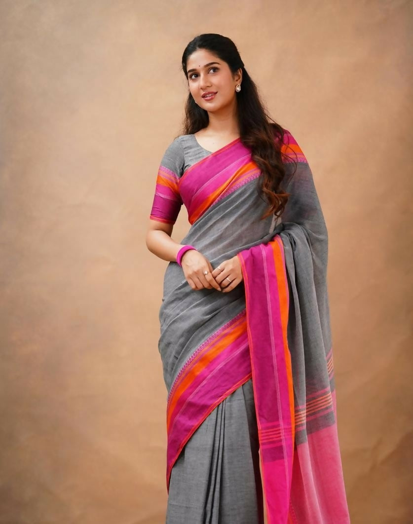 Exclusive Collection Grey Beautiful Khadi Cotton Handloom Saree | Grocsy