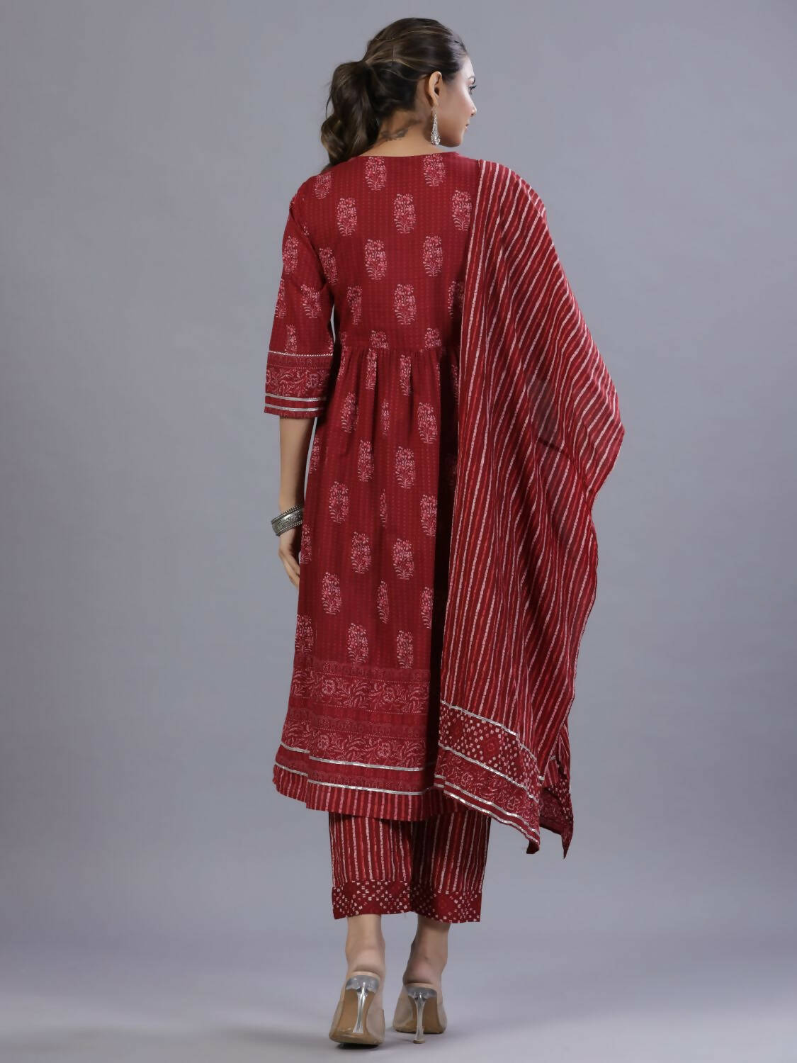Juniper Women Maroon Cotton Cambric Batik texture Printed Kurta, Pants and Dupatta Set | Grocsy