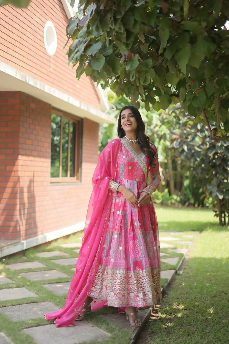 Jyoti Fashion Women's Pink Russian Silk Digital Print with Embroidered Anarkali Dress with Dupatta | Grocsy