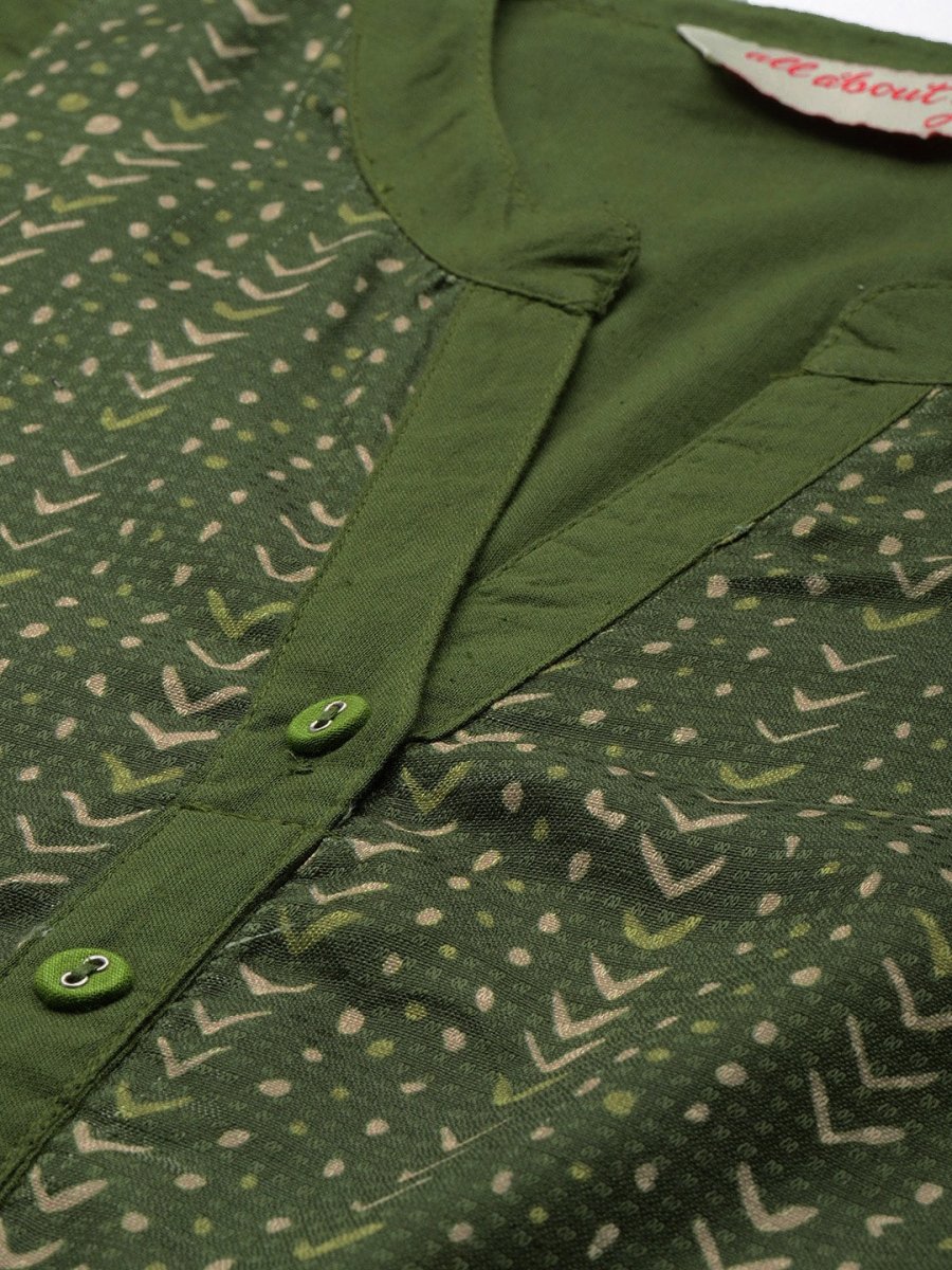 All About You Women Olive Green Geometric Yoke Design Pure Cotton Kurta | Grocsy
