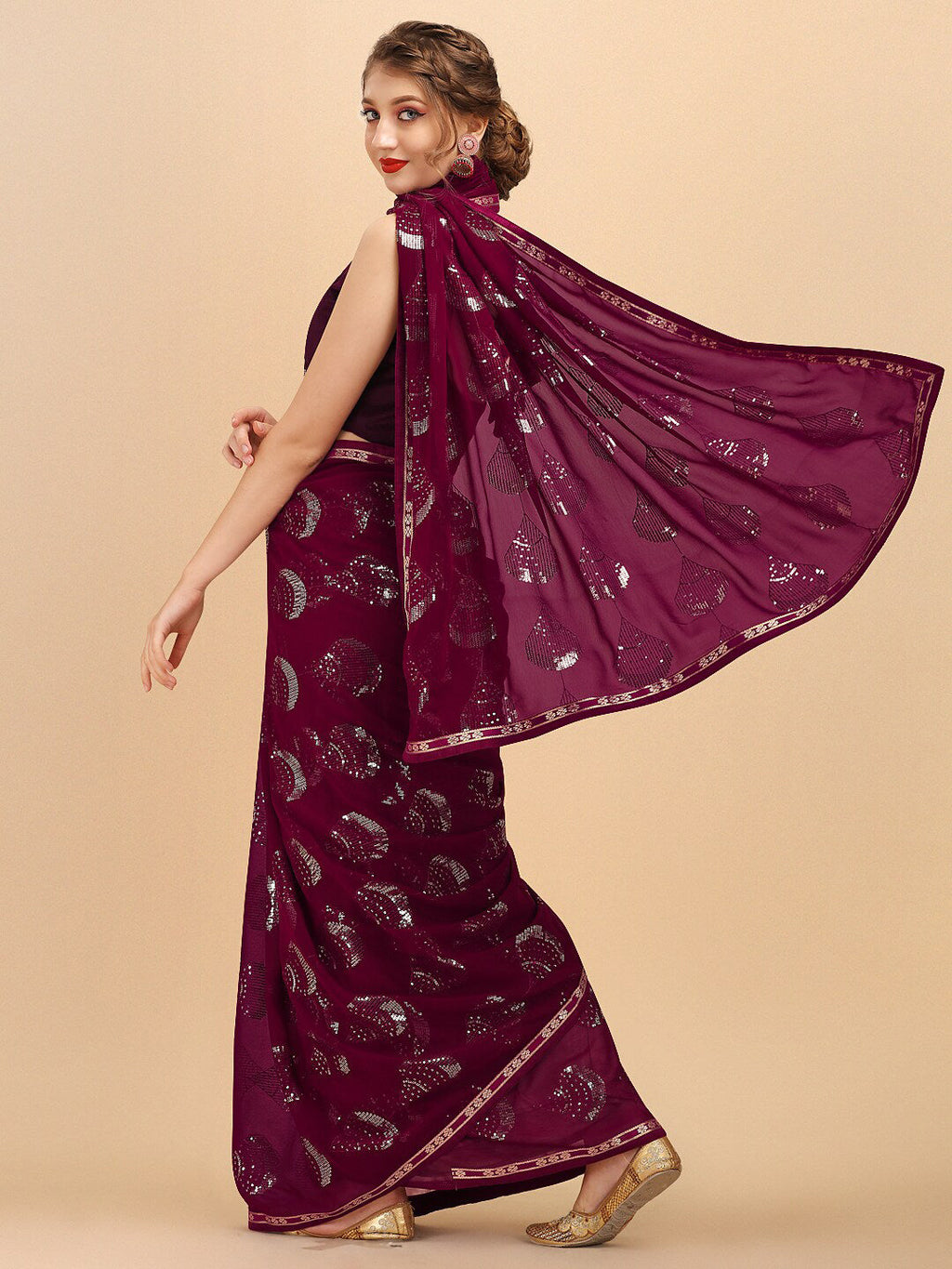 Sangria Women Burgundy Sarees | Grocsy